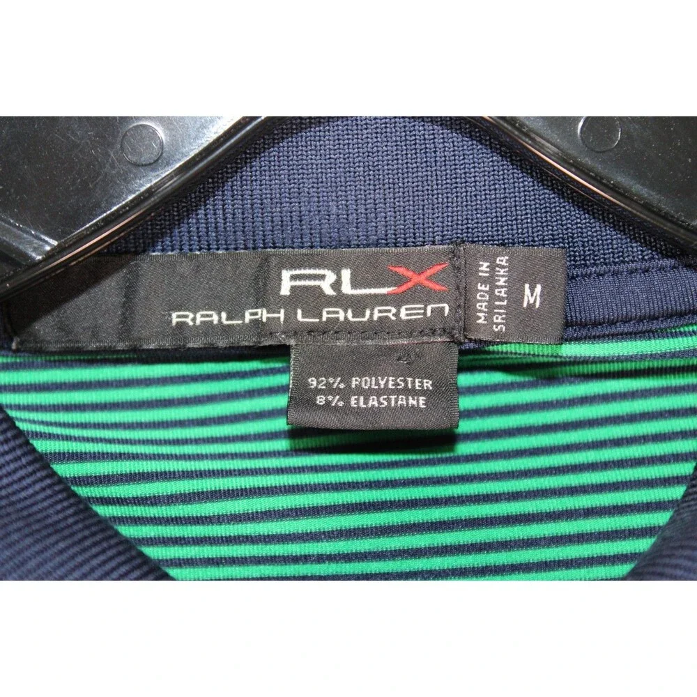 Ralph Lauren RLX Mens Medium Golf Polo Shirt Green Navy Striped Performance Stre